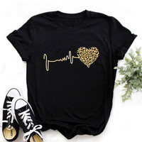 Lato nowy 90 's Leopard Heartbeat z krótkim rękawem odzież z nadrukiem damska koszulka Harajuku odzież graficzna damska Top,Drop Ship